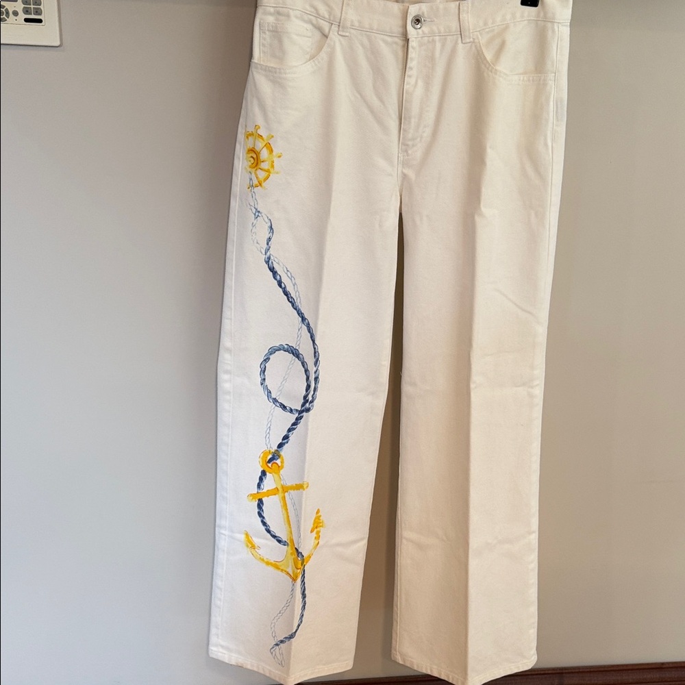 Ralph Lauren Jean CO Wide Leg Painted Nautical Anchor Detail Denim Sz 8